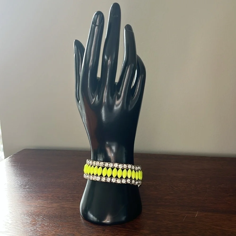 JCREW NWT rhinestone brass neon yellow stretch bracelet prom - Picture 2 of 14